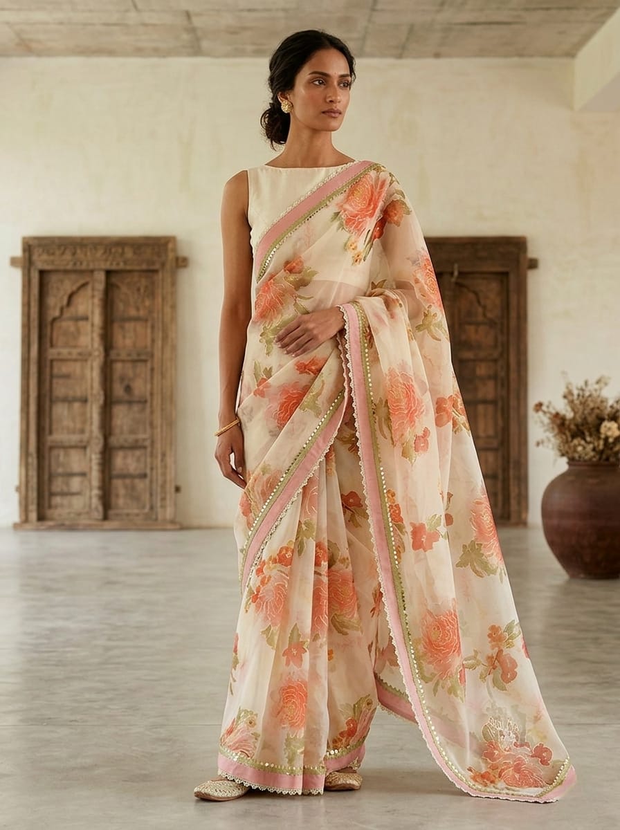 Retro Floral Print Georgette Saree
