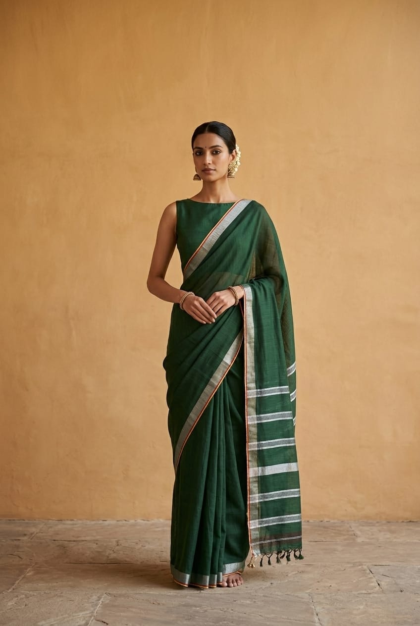 Chanderi Saree with Silver Zari Border