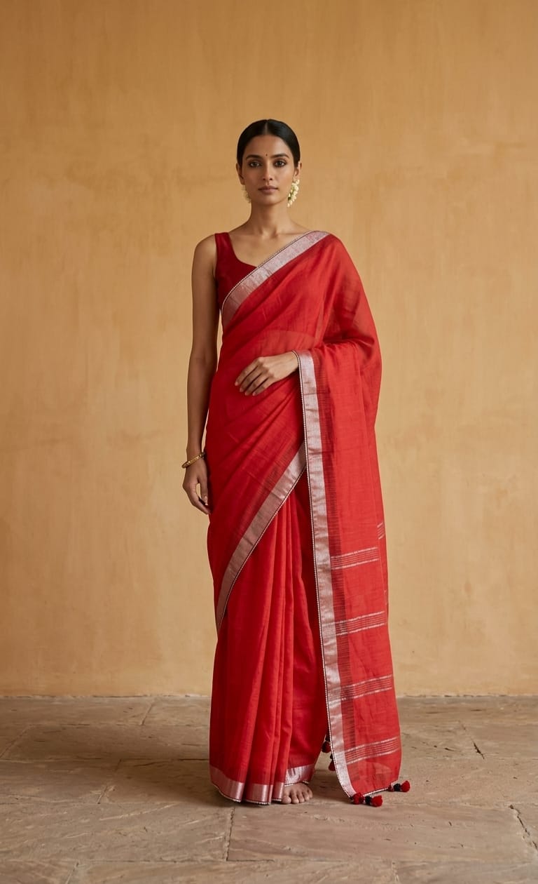 Chanderi Saree with Silver Zari Border