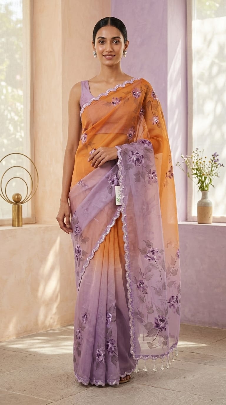 Designer Hand Painted Pure Organza Saree