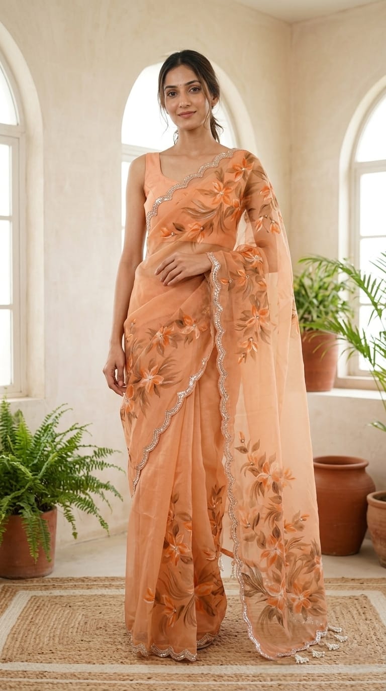 Designer Hand Painted Pure Organza Saree