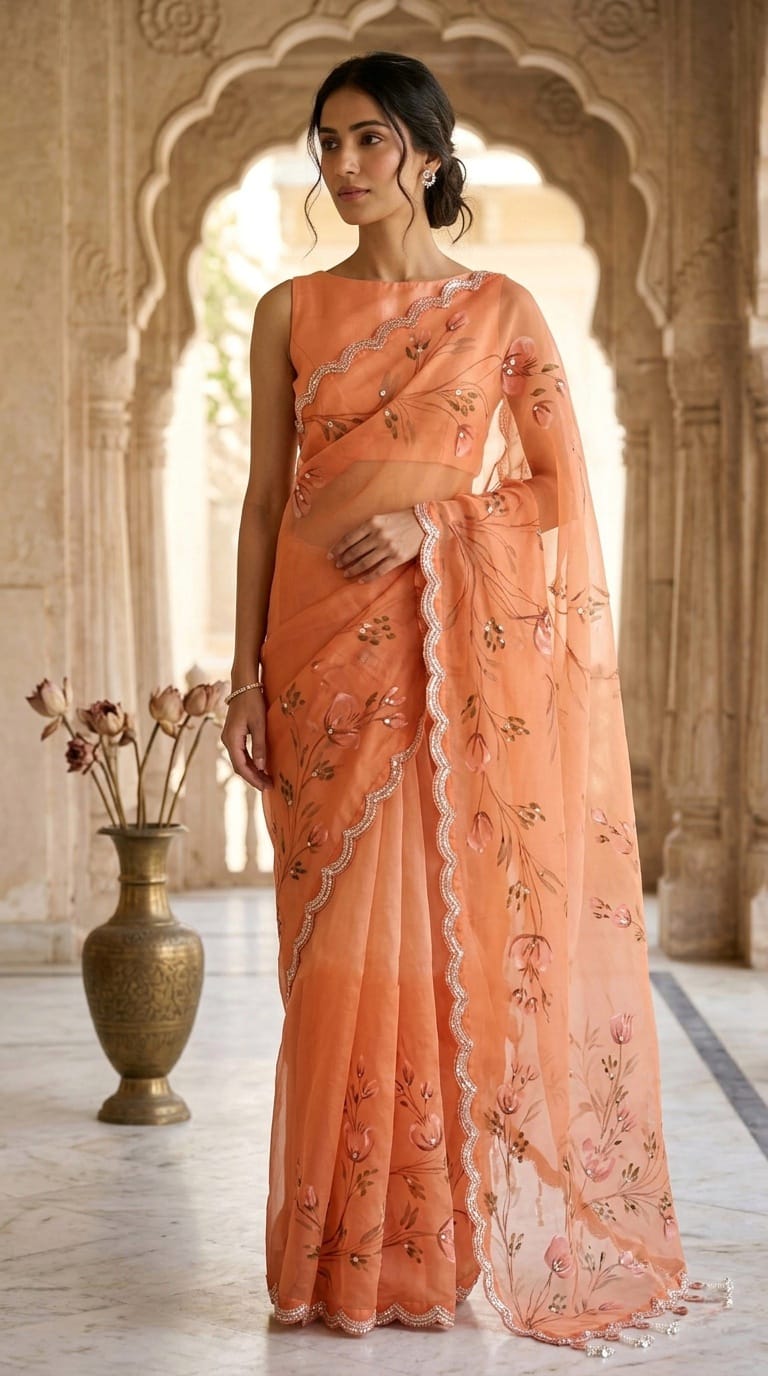 Designer Hand Painted Pure Organza Saree