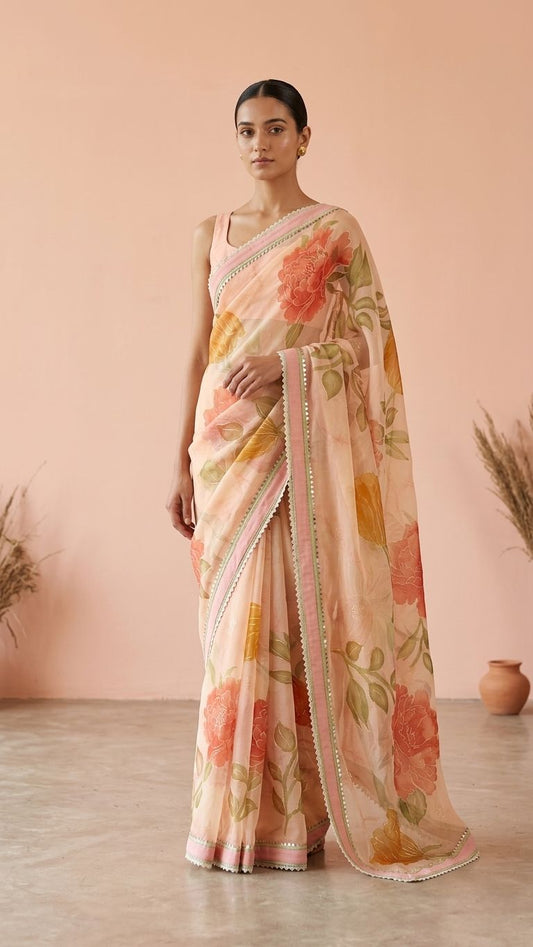 Retro Floral Print Georgette Saree