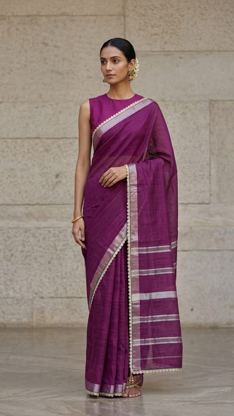 Chanderi Saree with Silver Zari Border
