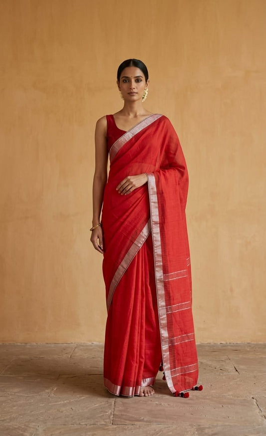 Chanderi Saree with Silver Zari Border