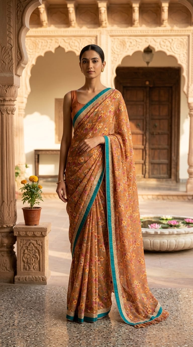 Digital Printed French Chiffon Saree