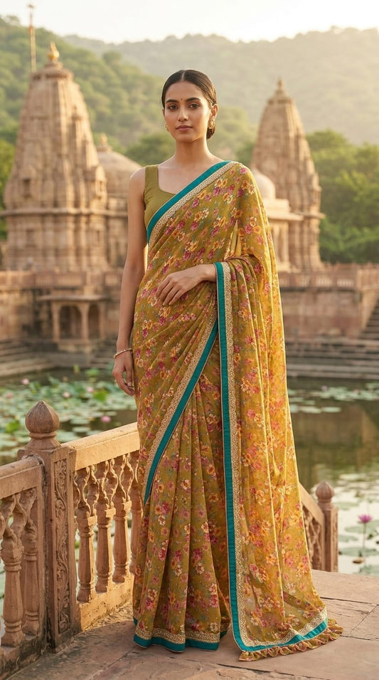 Digital Printed French Chiffon Saree